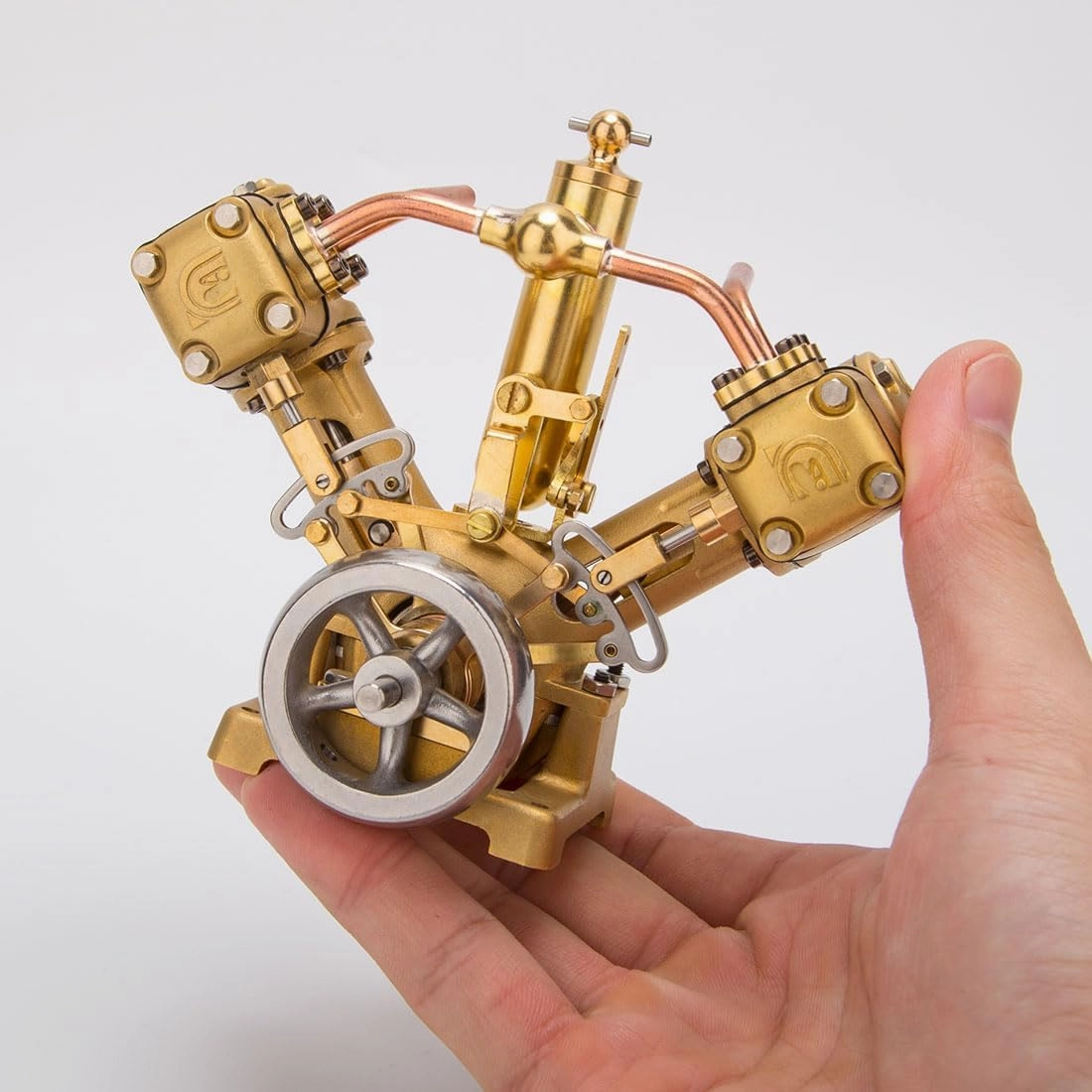 RW-V2 Steam Engine Model Kit for Adults, V-Shape Double Cylinder Reciprocating Mini Steam Engine Kit for 70-130cm Steamships, Without Boiler, Forward/Reverse Rotation, RTR