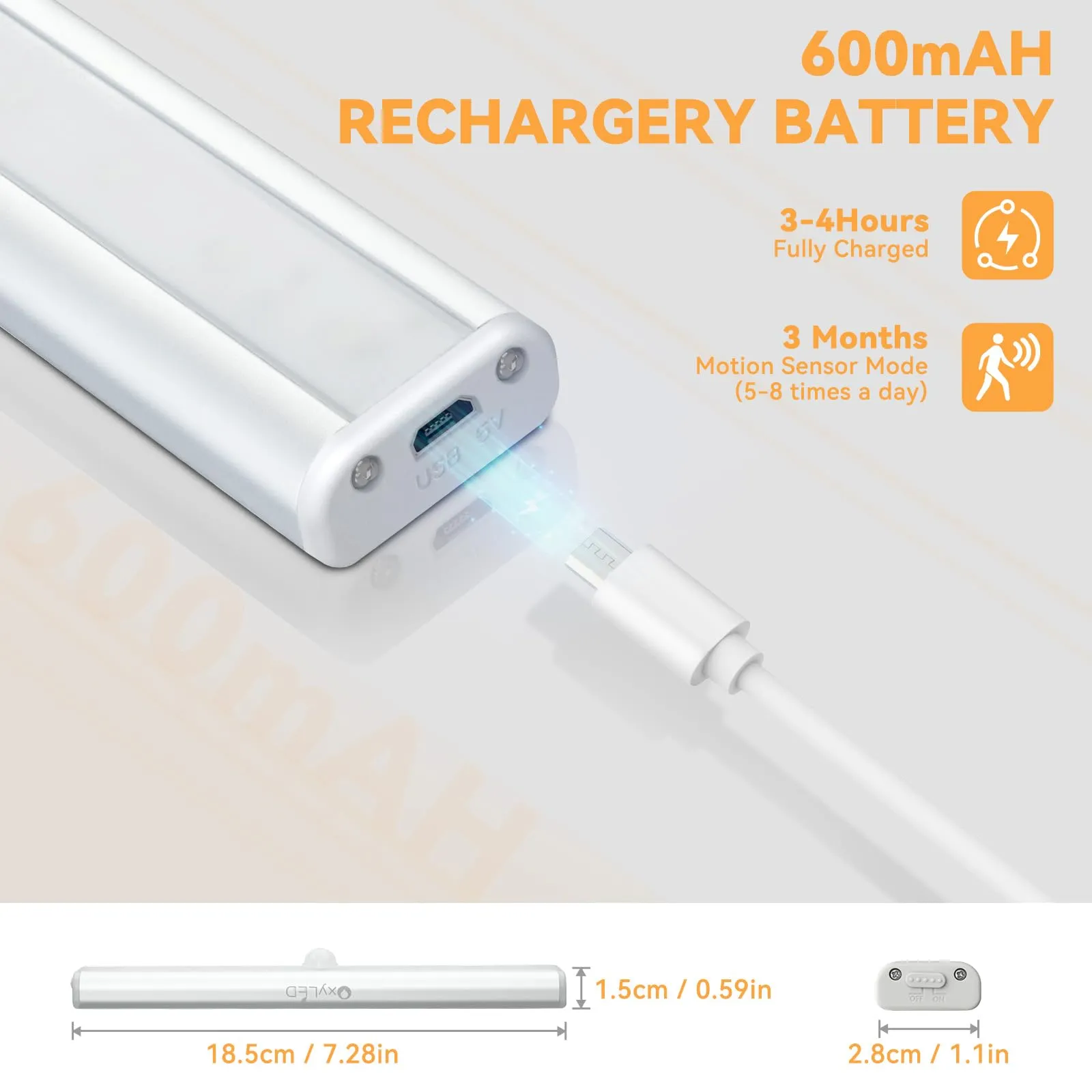 Rynx | Oxyled 10 Led Under Cabinet Light, Rechargeable Motion Sensor Night Light Bar, 3 Pack, Pure White