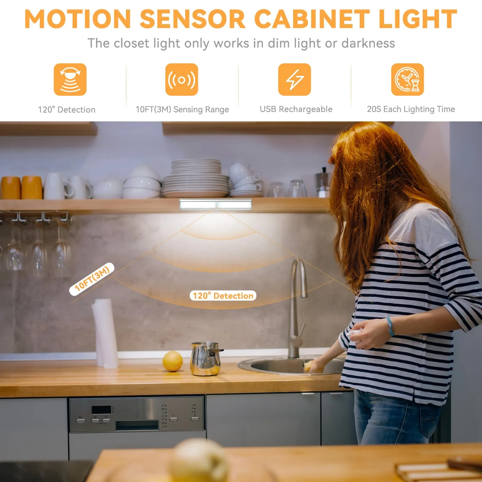 Rynx | Oxyled 10 Led Under Cabinet Light, Rechargeable Motion Sensor Night Light Bar, 3 Pack, Pure White