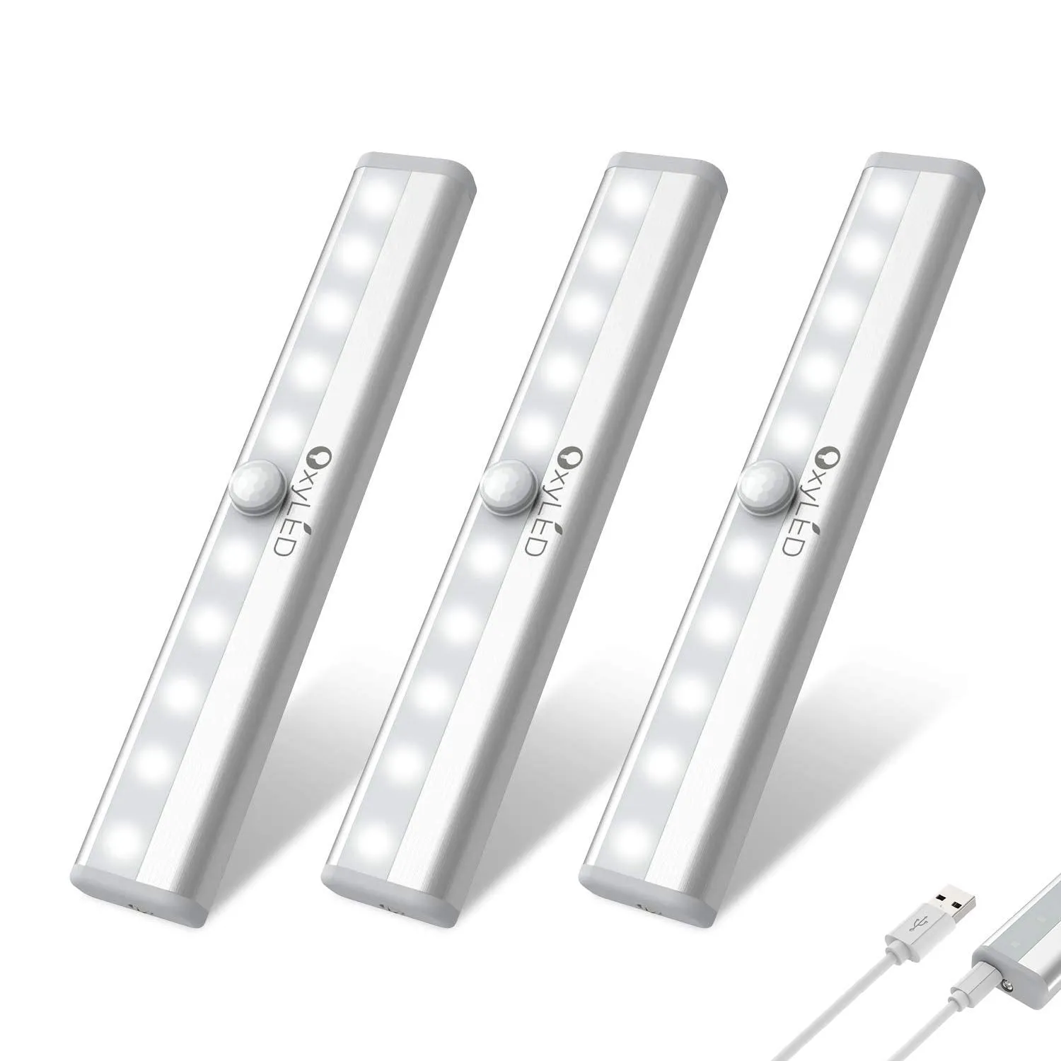 Rynx | Oxyled 10 Led Under Cabinet Light, Rechargeable Motion Sensor Night Light Bar, 3 Pack, Pure White