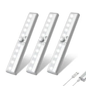 Rynx | Oxyled 10 Led Under Cabinet Light, Rechargeable Motion Sensor Night Light Bar, 3 Pack, Pure White