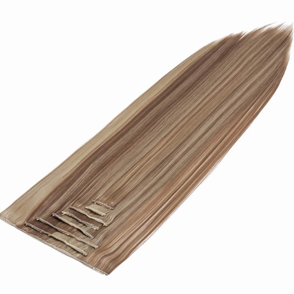 S-noilite 8pcs Clip In On Hair Extension 26" Full Head Long Straight Clip in Hair Extenisons with Highlights Synthetic Thick Hairpieces for Women Girls(26", Light brown & Ash blonde)