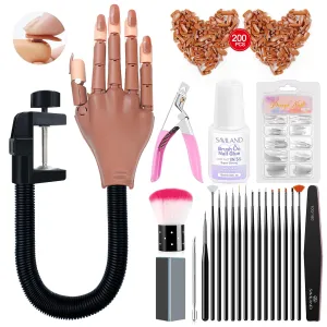 Saviland Practice Hand for Acrylic Nails, Flexible Moveable Fake Hands, Manicure Trainng Hand Nail Kit for Beginners, Movable Nail Maniquin Hand with 200PCS Nail Tips, Nail Glues, Brush and Clipper