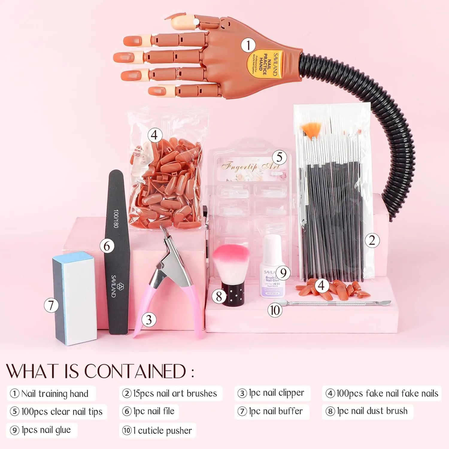 Saviland Practice Hand for Acrylic Nails, Flexible Moveable Fake Hands, Manicure Trainng Hand Nail Kit for Beginners, Movable Nail Maniquin Hand with 200PCS Nail Tips, Nail Glues, Brush and Clipper