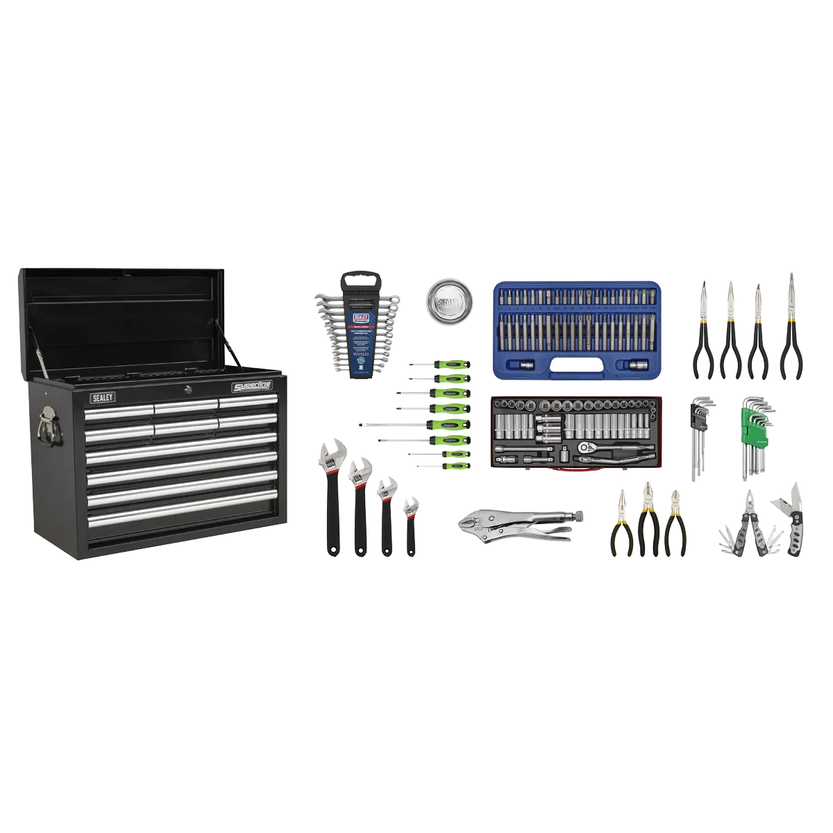 Sealey Topchest 10 Drawer with Ball-Bearing Slides - Black & 140pc Tool Kit