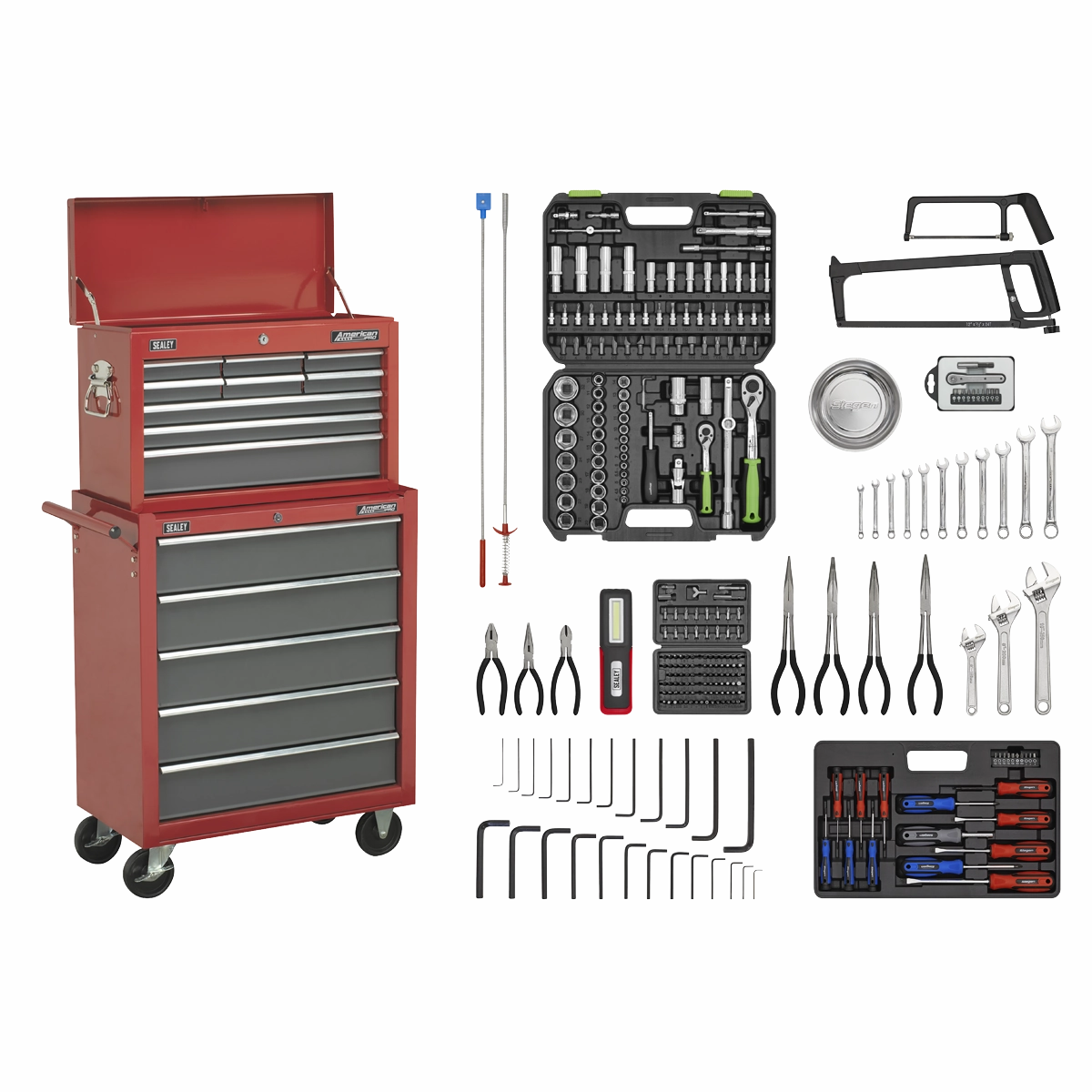 Sealey Topchest & Rollcab Combination 14 Drawer with Ball-Bearing Slides - Red/Grey & 281pc Tool Kit