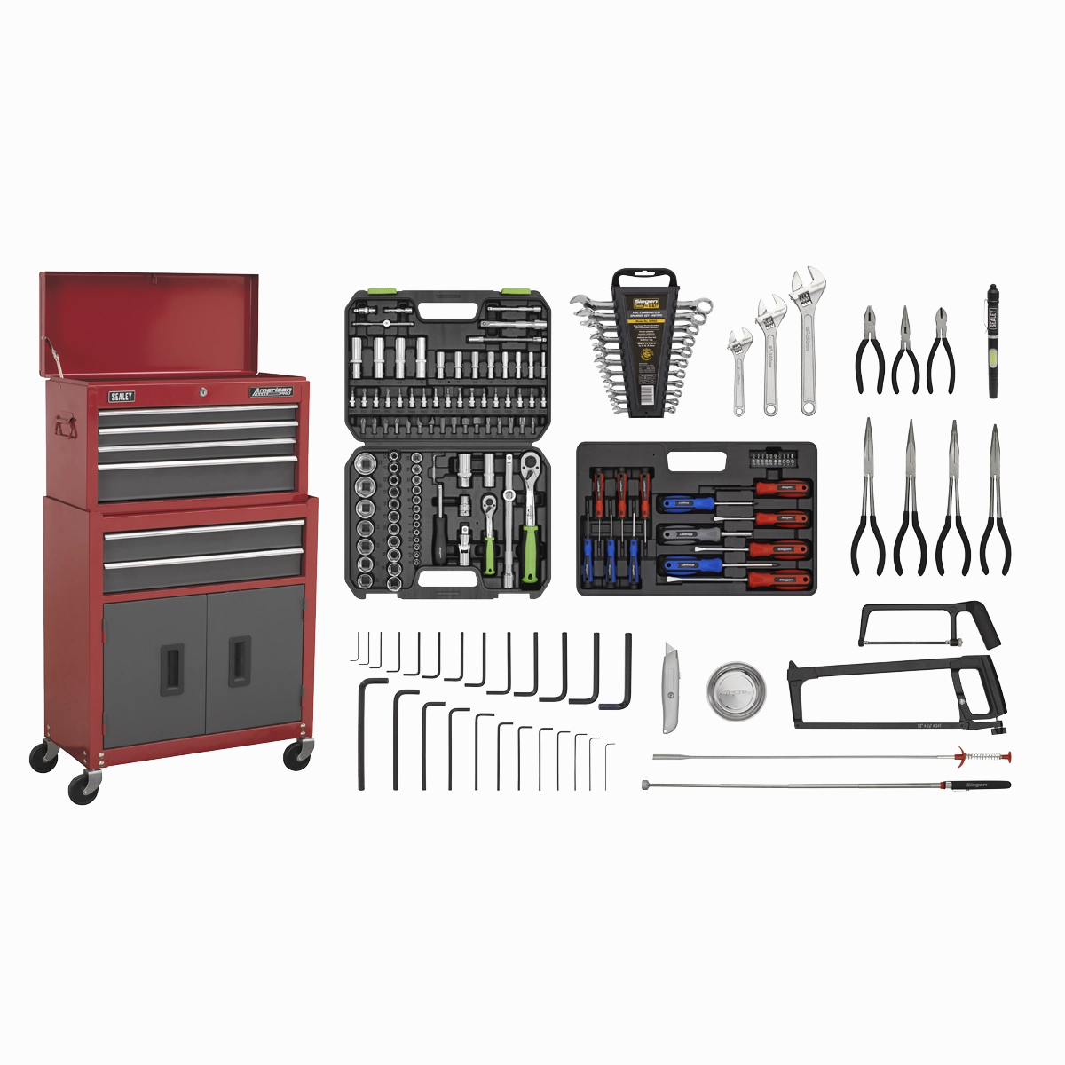 Sealey Topchest & Rollcab Combination 6 Drawer with Ball-Bearing Slides - Red/Grey & 170pc Tool Kit