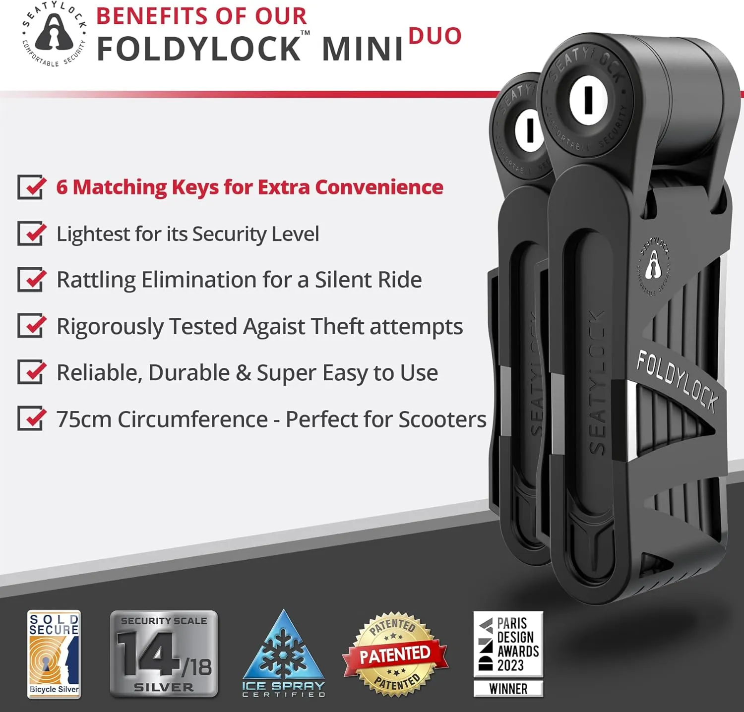 Seatylock FoldyLock Mini Folding Bike Lock - Patented Lightweight Bicycle Lock - Heavy Duty Anti Theft Guard with Key for Electric Scooter & City Bikes