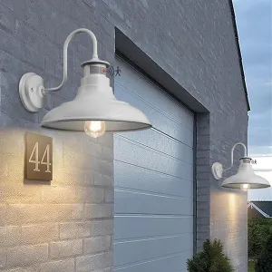 Set of 2 Gooseneck Outdoor Wall Lights Fixtures,Dusk to Dawn Motion Sensor Farmhouse Wall Sconce Barn Lamp for Patio,Adjustable Exterior Porch Light Wall Mount Lighting White with Rotary Dial Control