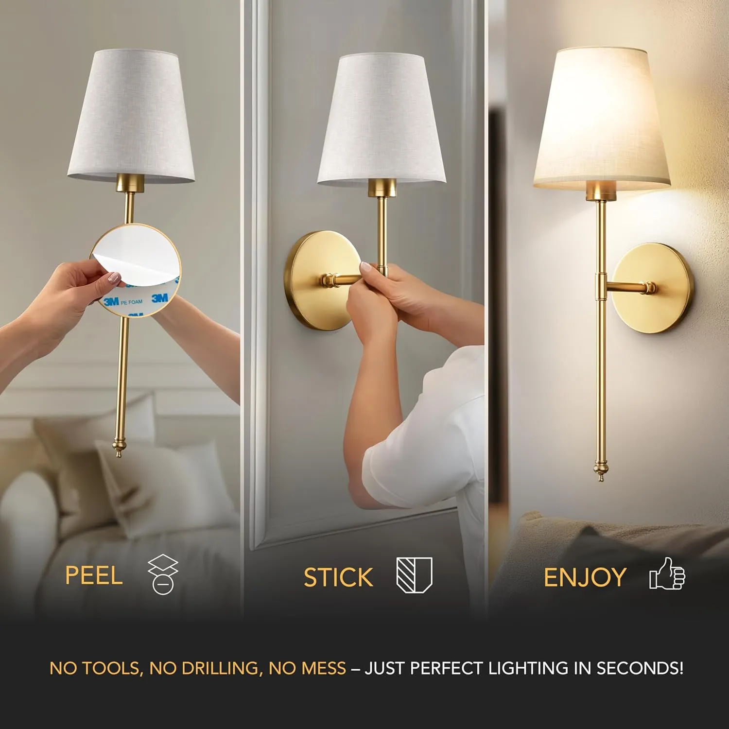 Set of 2 Wireless Wall Sconces Peel & Stick with Adhesives for Easy Installation, Rechargeable LED Bulbs, Remote Controlled, Adjustable Brightness, The Original Wireless Wall Lamps (Silver)