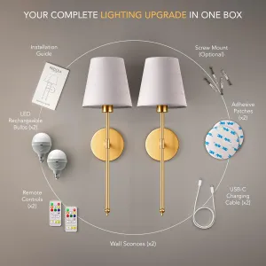 Set of 2 Wireless Wall Sconces Peel & Stick with Adhesives for Easy Installation, Rechargeable LED Bulbs, Remote Controlled, Adjustable Brightness, The Original Wireless Wall Lamps (Silver)