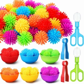 Shappy 82 Pcs Counting Sorting Sensory Bin Fine Motor Toys Color Sorting Matching Preschool Learning Activities, 72 Hedge Balls 2 Tweezers 2 Scissor Clips 6 Bowls for Math Educational Sensory Training