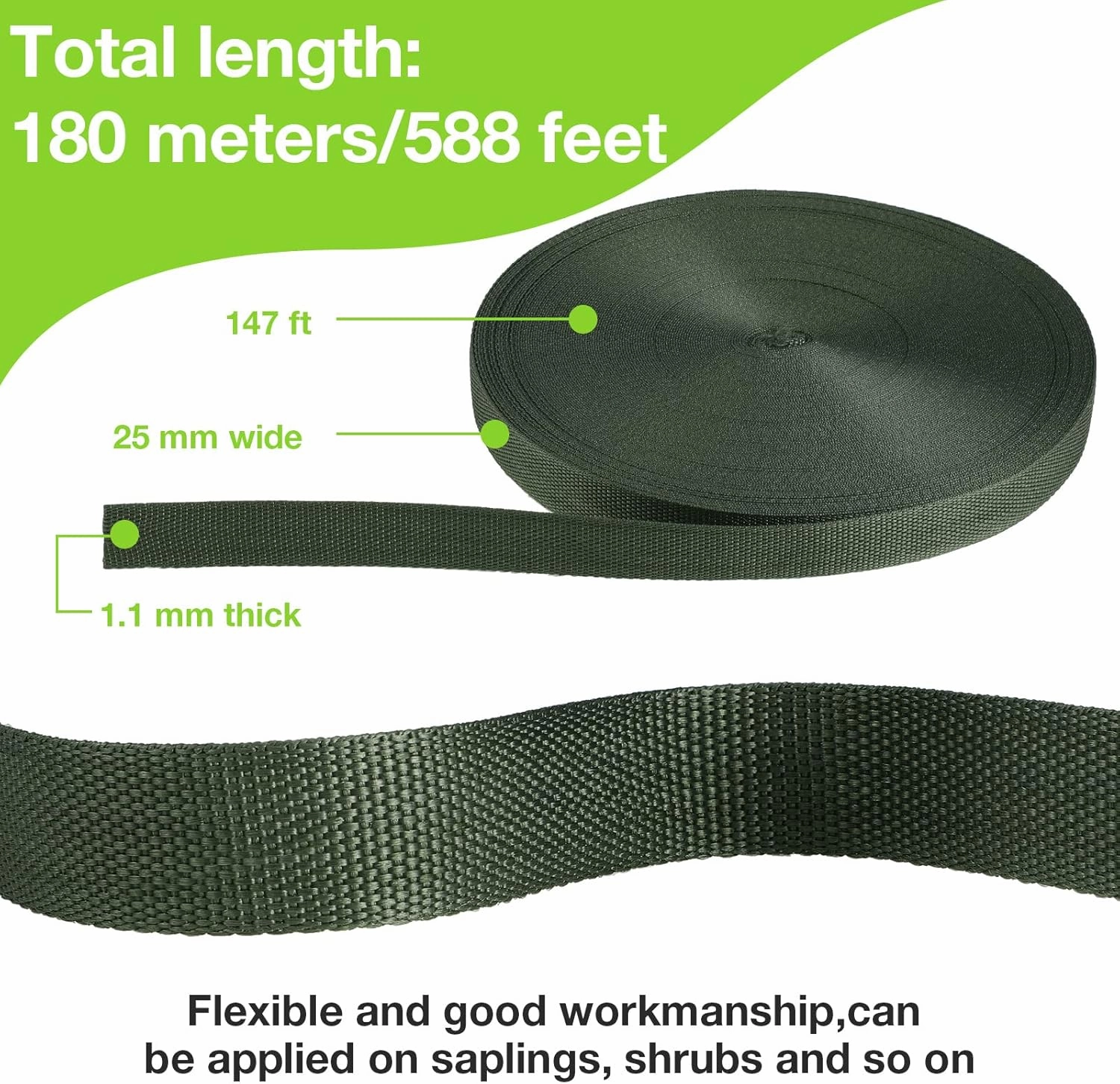 Shappy Tree Tie Strap Garden Webbing Strap Garden Plant Supports Tree Tie Staking for Outdoor Use, Plant Supports, Grafting, Straightening Supplies(Dark Green,590.55 Feet x 1 Inch)