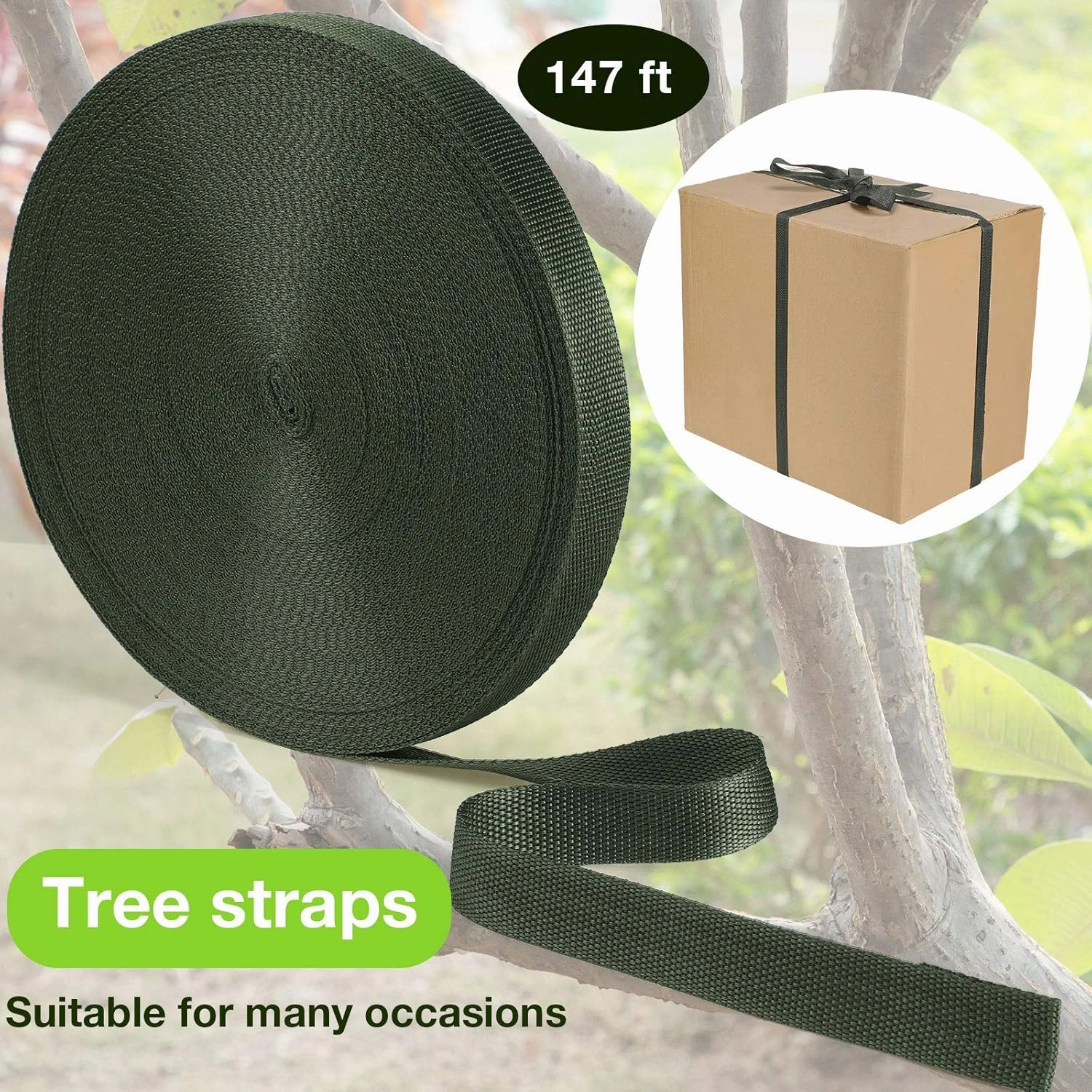 Shappy Tree Tie Strap Garden Webbing Strap Garden Plant Supports Tree Tie Staking for Outdoor Use, Plant Supports, Grafting, Straightening Supplies(Dark Green,590.55 Feet x 1 Inch)
