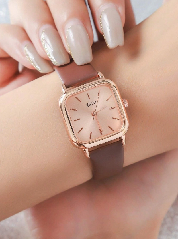 Shein - 1pc Women's Elegant Fashion Bar Scale Dial Leather Strap Quartz Watch