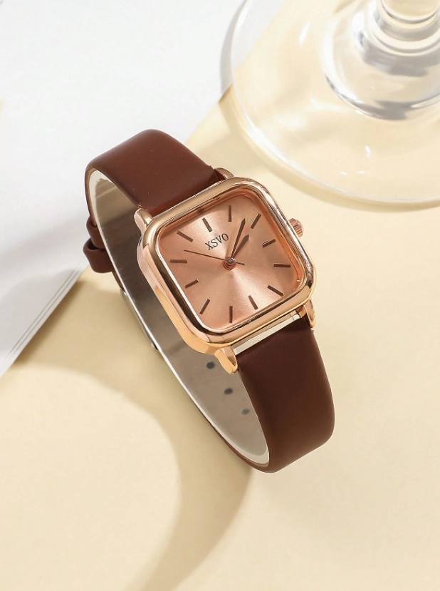 Shein - 1pc Women's Elegant Fashion Bar Scale Dial Leather Strap Quartz Watch