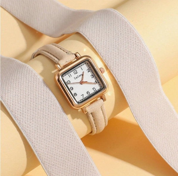 Shein -  1pc Women's Elegant Fashion Striped Scale Dial Leather Strap Quartz Wristwatch