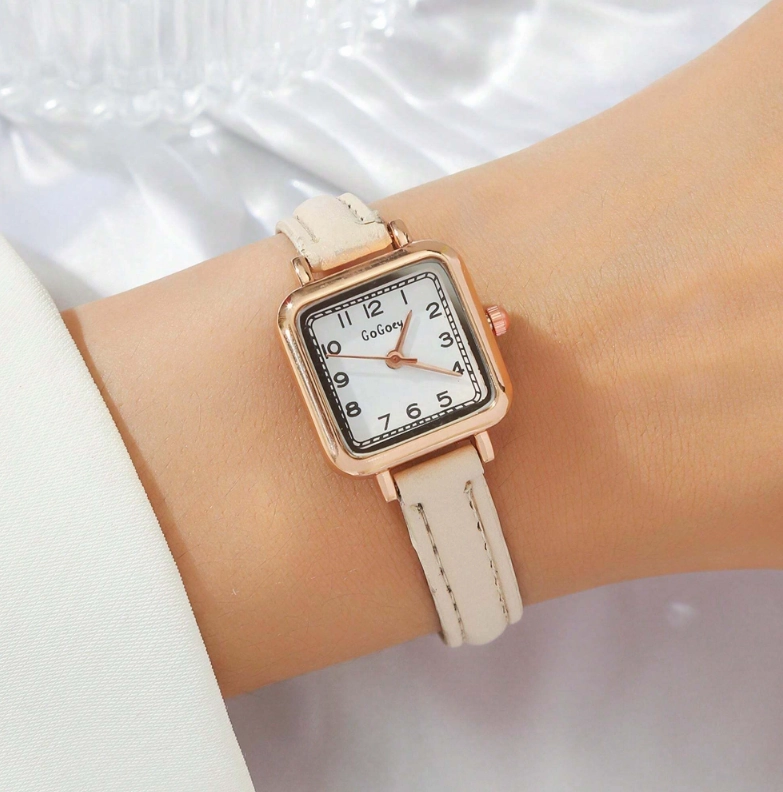 Shein -  1pc Women's Elegant Fashion Striped Scale Dial Leather Strap Quartz Wristwatch