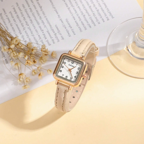 Shein -  1pc Women's Elegant Fashion Striped Scale Dial Leather Strap Quartz Wristwatch