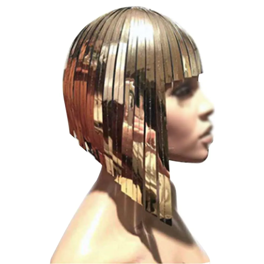 Short Bob Hair Wigs Straight Flat Bangs Mirror Holographic Space Metallic Bright Gold Silver Glitter Hair Wig Science Fiction Perform Cosplay Costume Carnival Theme Party Halloween for Women