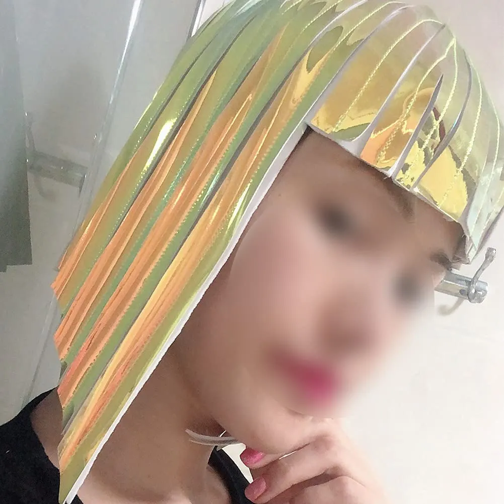 Short Bob Hair Wigs Straight Flat Bangs Mirror Holographic Space Metallic Bright Gold Silver Glitter Hair Wig Science Fiction Perform Cosplay Costume Carnival Theme Party Halloween for Women