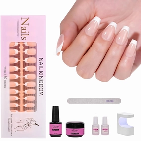 Short Coffin French Gel Nail Tips with Gel Glue, Portable Lamp,Top Coat,150Pcs All In One Pink Soft Pre-colored Press on Nails for Women