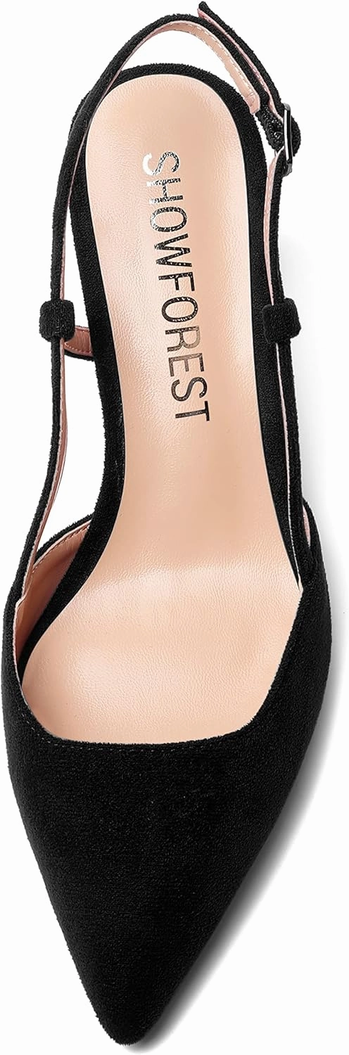 SHOWFOREST Womens Dress Solid Buckle Dating Pointed Toe Slim Suede Adjustable Strap Stiletto Mid Heel Pumps Shoes 2.5 Inch