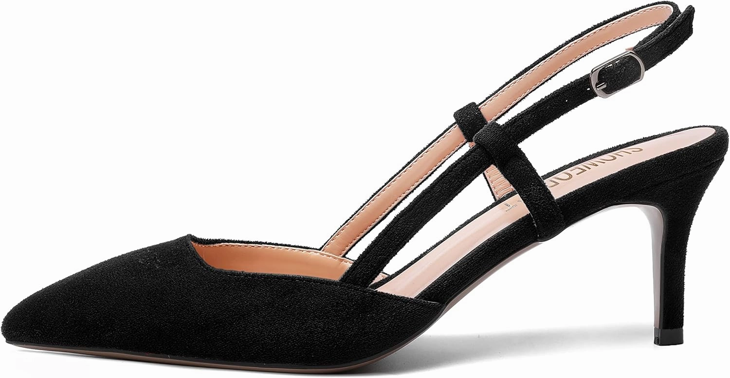 SHOWFOREST Womens Dress Solid Buckle Dating Pointed Toe Slim Suede Adjustable Strap Stiletto Mid Heel Pumps Shoes 2.5 Inch