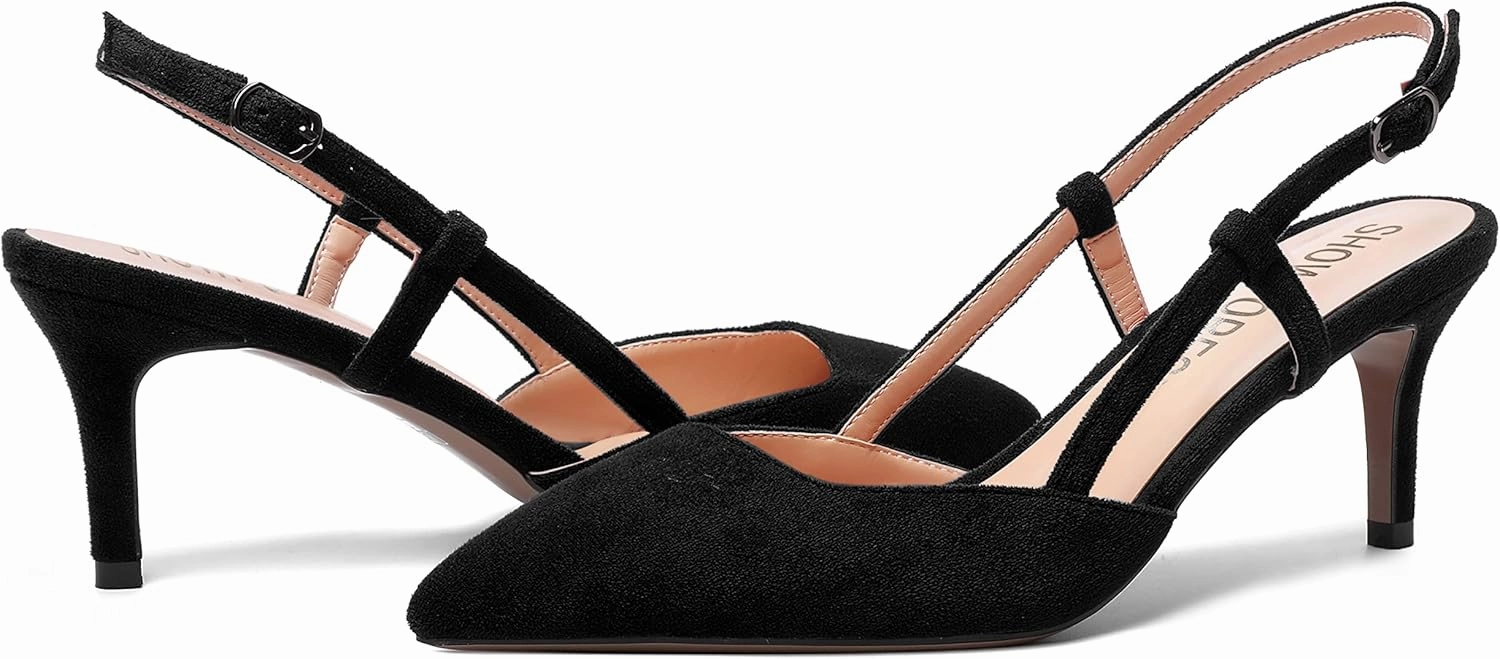 SHOWFOREST Womens Dress Solid Buckle Dating Pointed Toe Slim Suede Adjustable Strap Stiletto Mid Heel Pumps Shoes 2.5 Inch