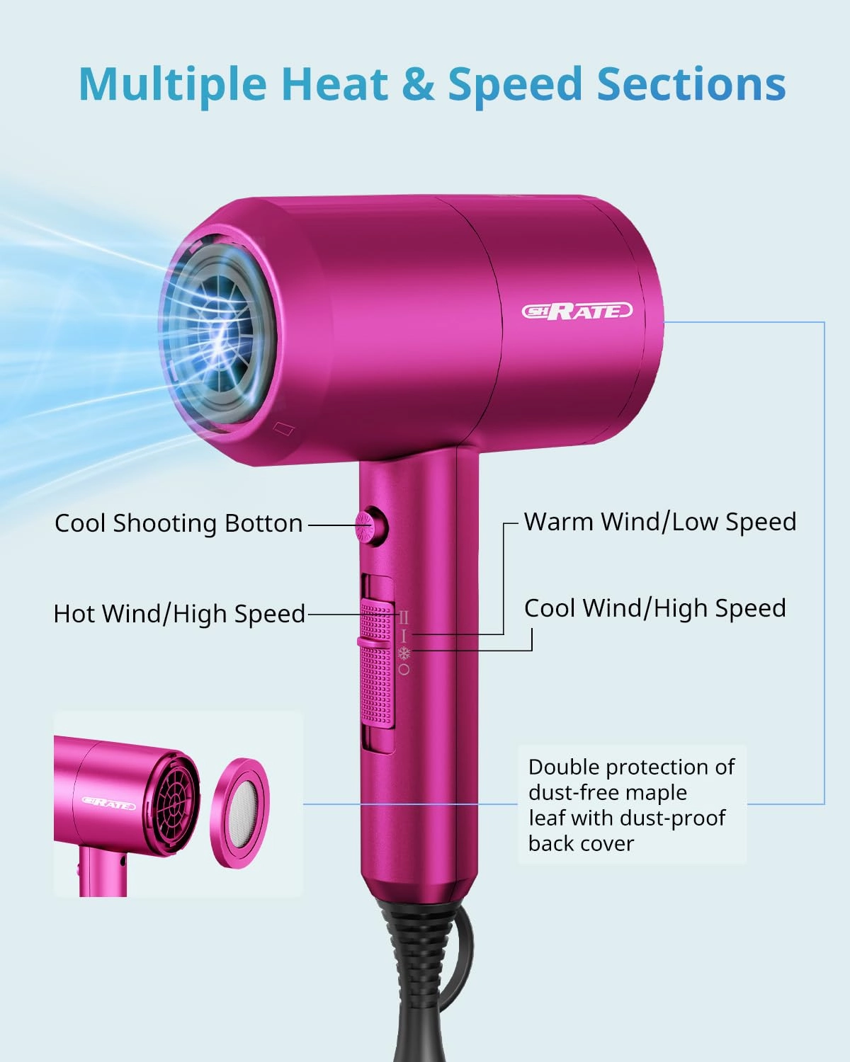SHRATE Lightweight Ionic Hair Dryer with Diffuser - Powerful 1800W Blow Dryer for Fast Drying - Professional Low Noise Mini Hair Dryer for Travel, Gifts, Hair Styling