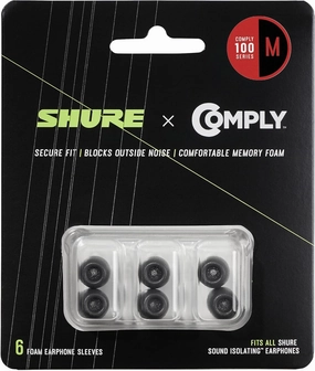Shure Comply Foam Sleeves 100 Series - Replacement Memory Foam Tips for Shure Sound Isolating Earphones - 6 Pack (3 Pairs), Medium (EACYF1-6M)
