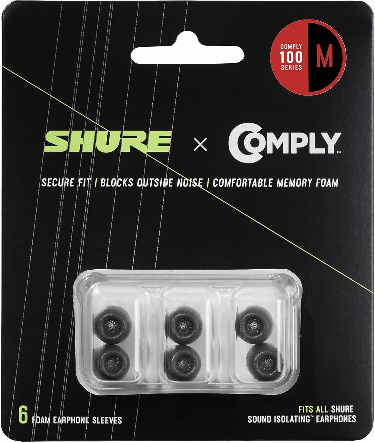 Shure Comply Foam Sleeves 100 Series - Replacement Memory Foam Tips for Shure Sound Isolating Earphones - 6 Pack (3 Pairs), Medium (EACYF1-6M)