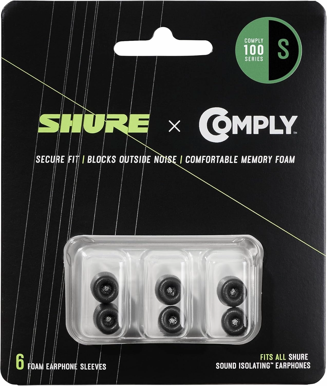 Shure Comply Foam Sleeves 100 Series - Replacement Memory Foam Tips for Shure Sound Isolating Earphones - 6 Pack (3 Pairs), Small (EACYF1-6S)