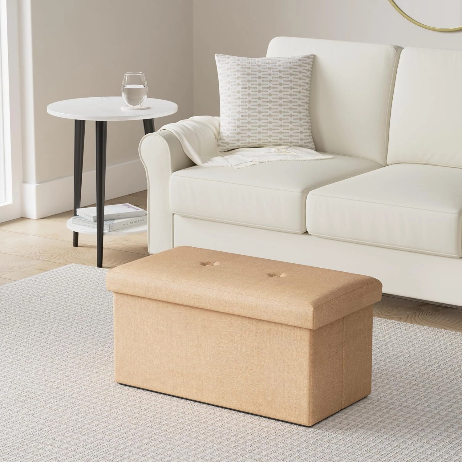 Simplify Faux Linen Folding Storage Ottoman | Double | Collapsible | Tufted Padded Seating | Foot Rest | Toy Box | Bench | Camel