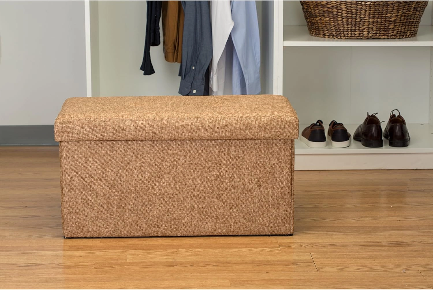 Simplify Faux Linen Folding Storage Ottoman | Double | Collapsible | Tufted Padded Seating | Foot Rest | Toy Box | Bench | Camel