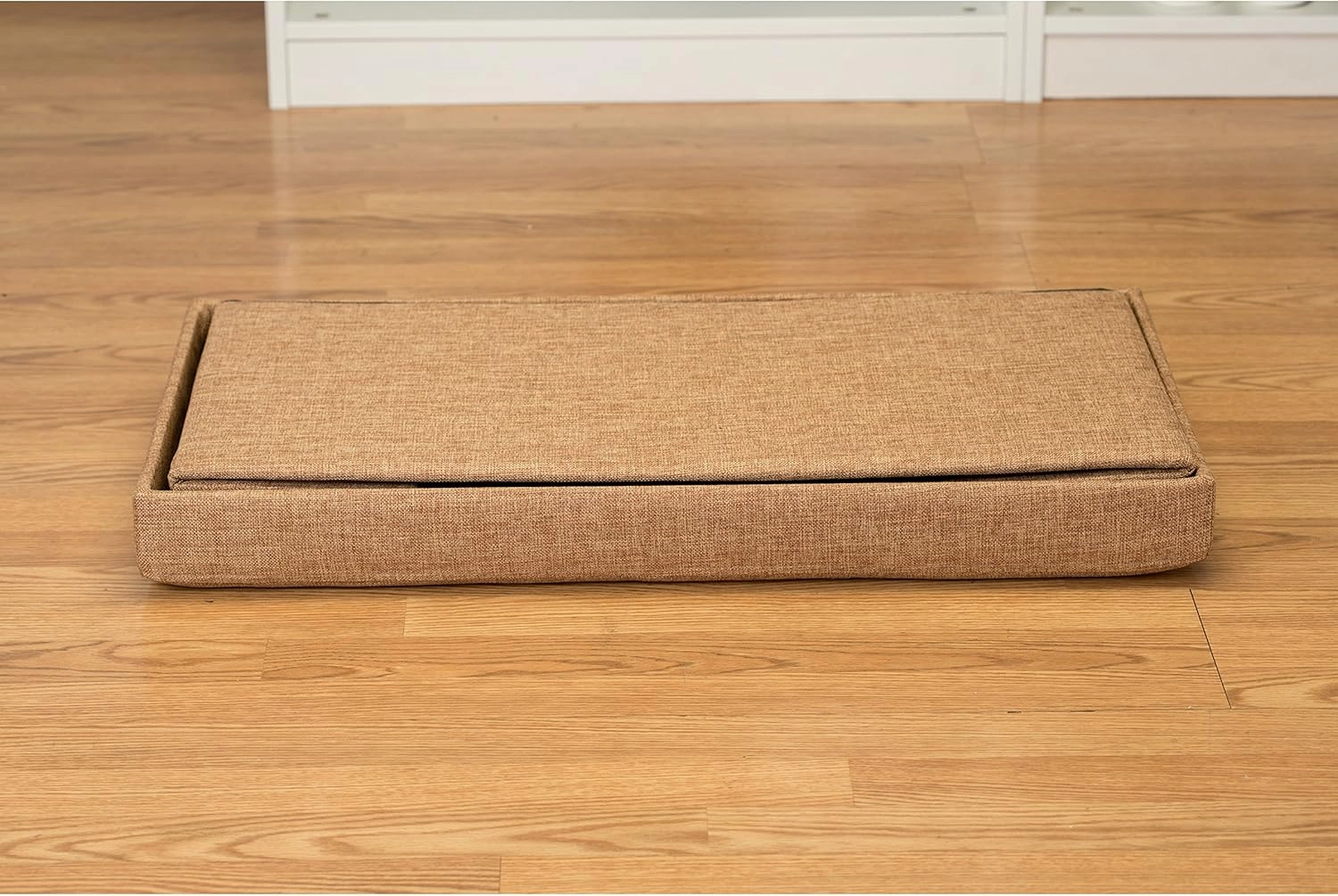 Simplify Faux Linen Folding Storage Ottoman | Double | Collapsible | Tufted Padded Seating | Foot Rest | Toy Box | Bench | Camel