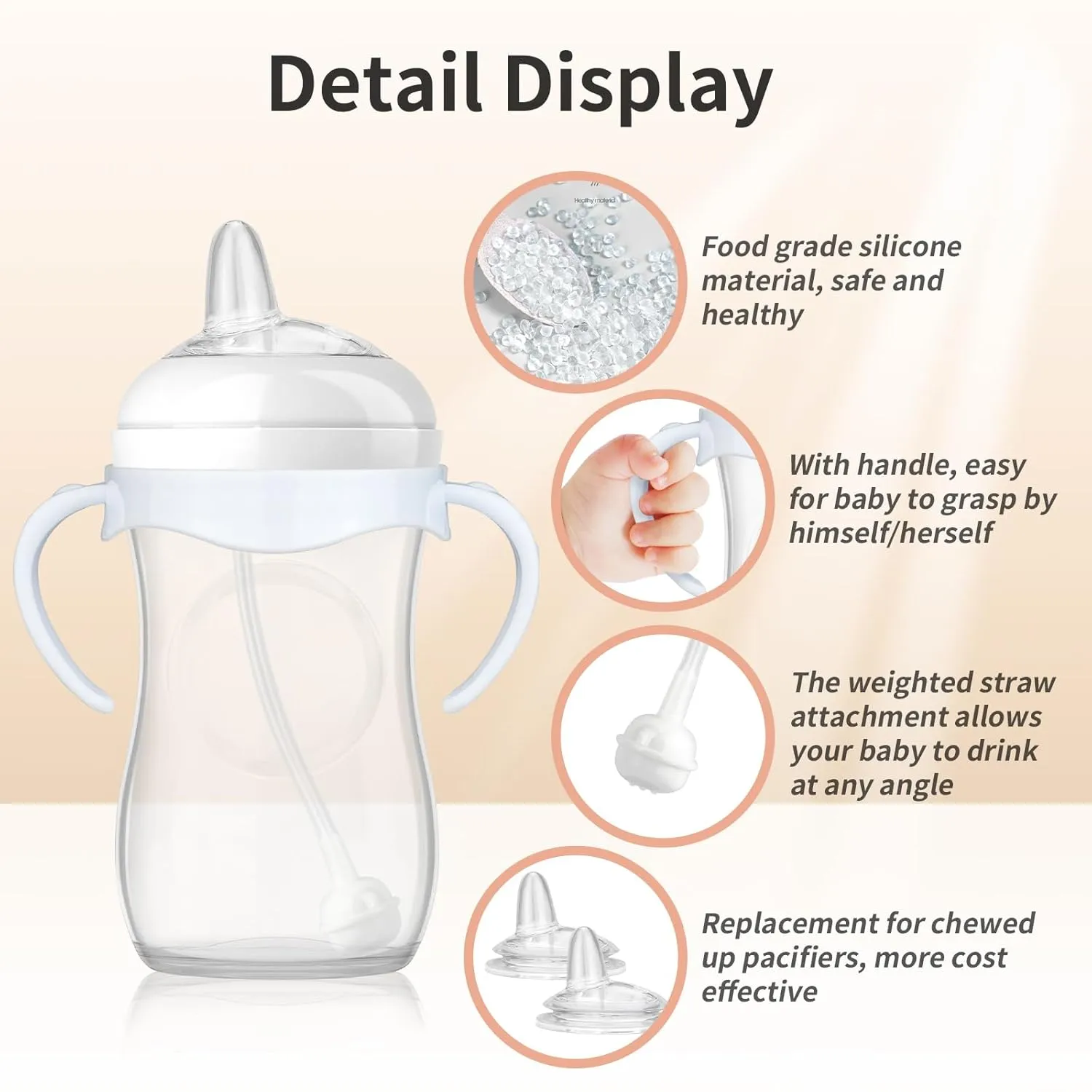 Sippy Cup Conversion Kit Compatible with Philips Avent Natural Baby Bottle, Transition Kit from Bottles, 4 Soft Sippy Nipples, 2 Weighted Straw Attachments, 2 Bottle Handles and 2 Cleaning Brushes