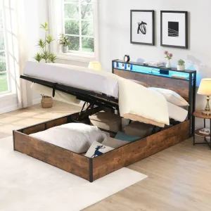 Smart Rustic Queen Bed with Bookcase & LED Lights