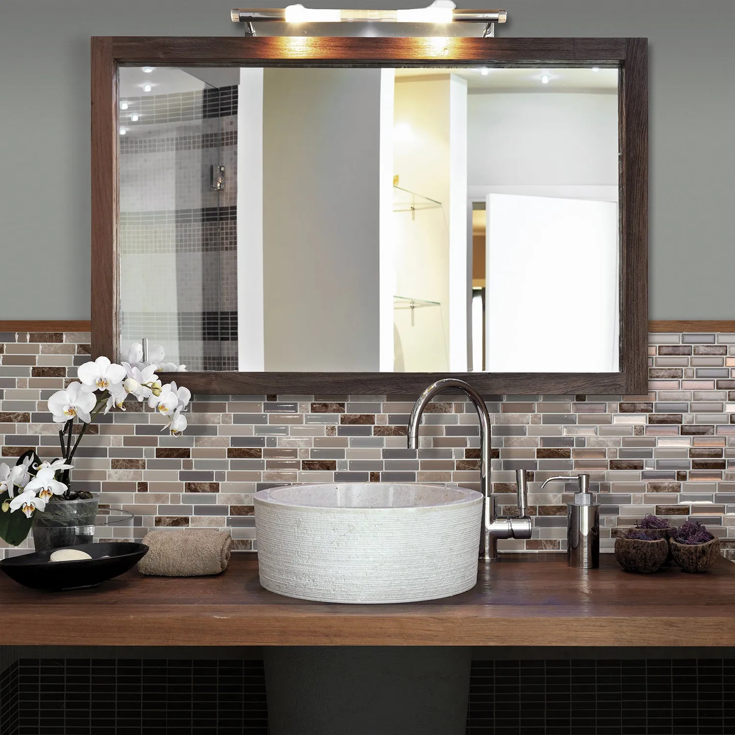 Smart Tiles Peel and Stick 4-Sheet 10 x 9 Backsplash - Crescendo Terra|Dosseret Smart Tiles peler et coller 9 x 9, 4 feuilles - Crescendo Terra