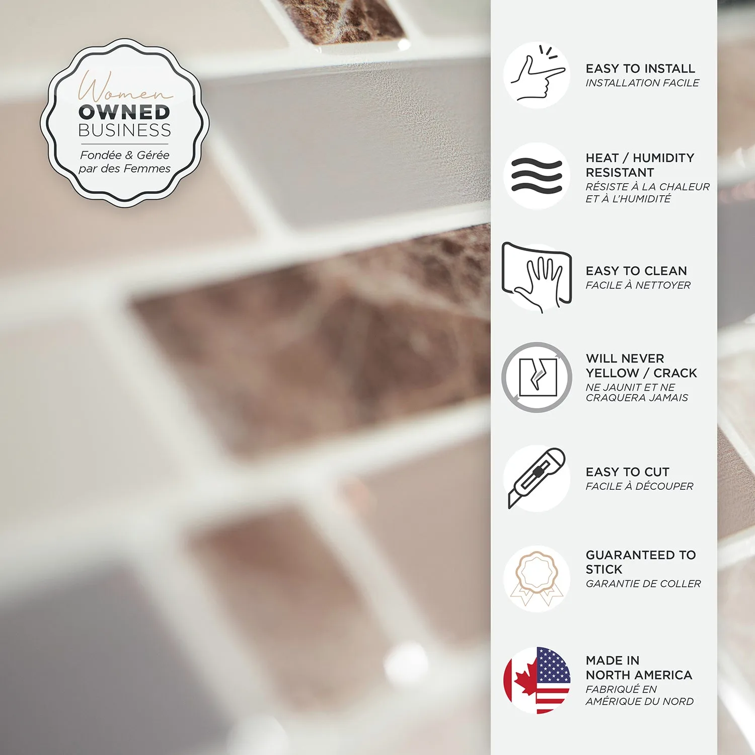 Smart Tiles Peel and Stick 4-Sheet 10 x 9 Backsplash - Crescendo Terra|Dosseret Smart Tiles peler et coller 9 x 9, 4 feuilles - Crescendo Terra