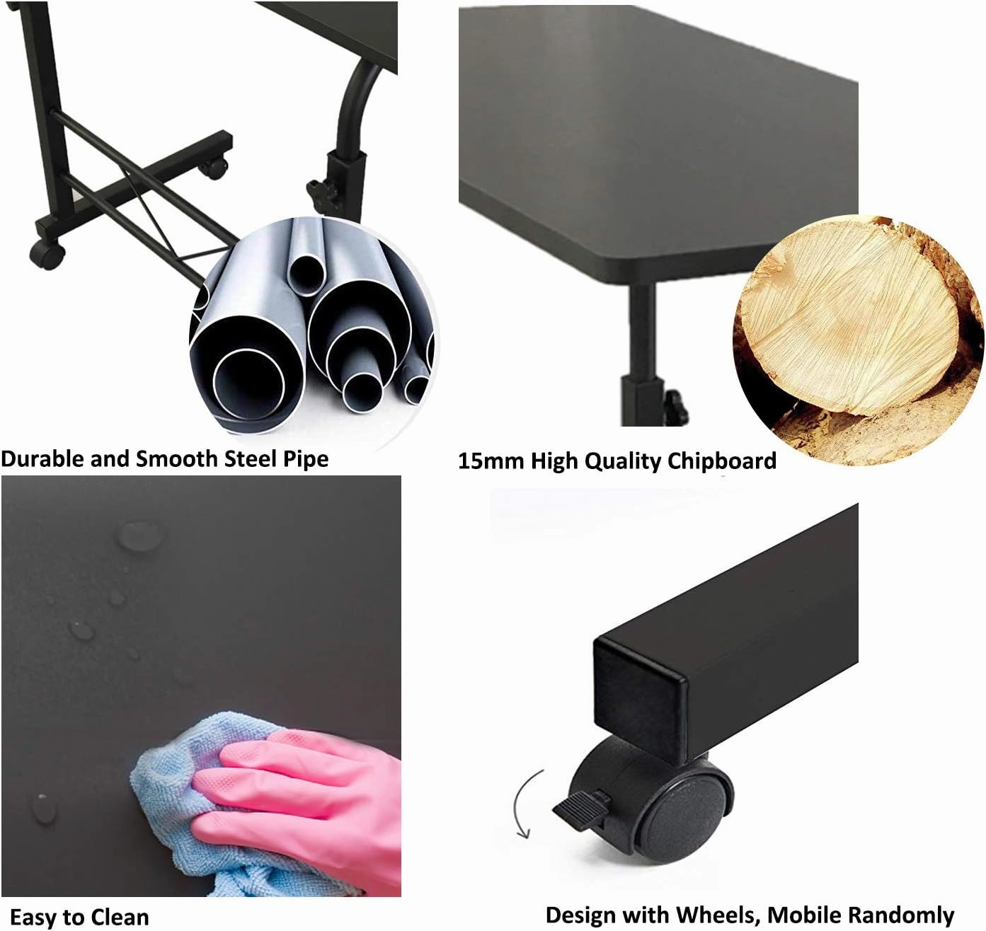 Sofa Side Table with Wheels, Removable Laptop Computer Desk, Height Adjustable Rolling Coffee Snack Table, Sofa Side Desk for Living Room, Bedroom, The Study, 23.6" L X 15.7" W Black