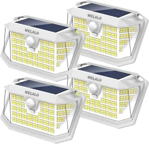 Solar Motion Sensor Lights Outdoor, [3 Modes/4 Pack/188 LED] 270° Wide Angle Lighting, Security Solar Powered Wall Lights, IP65 Waterproof Flood Lights for Fence Porch Yard Patio(White)