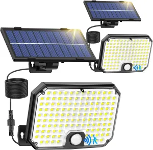 Solar Outdoor Lights, Motion Sensor Dusk to Dawn Wall Lights Waterproof, LED Outside Solar Powered Security Flood Light Fixtures 3 Modes with 16FT Cable for Front Door Porch Shed Barn Garage, 2 Packs