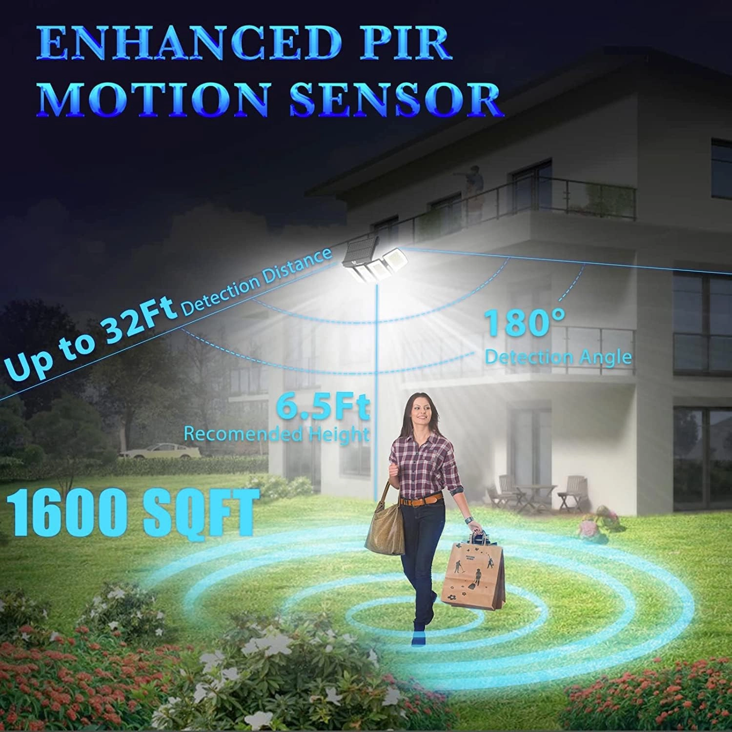 Solar Lights Outdoor Motion Sensor - 400% Brighter 7000K 3000LM 5 Levels Brightness 3 Lighting Modes 2400mAh 360° Wide Angle Illumination IP65 Waterproof Security Flood Light