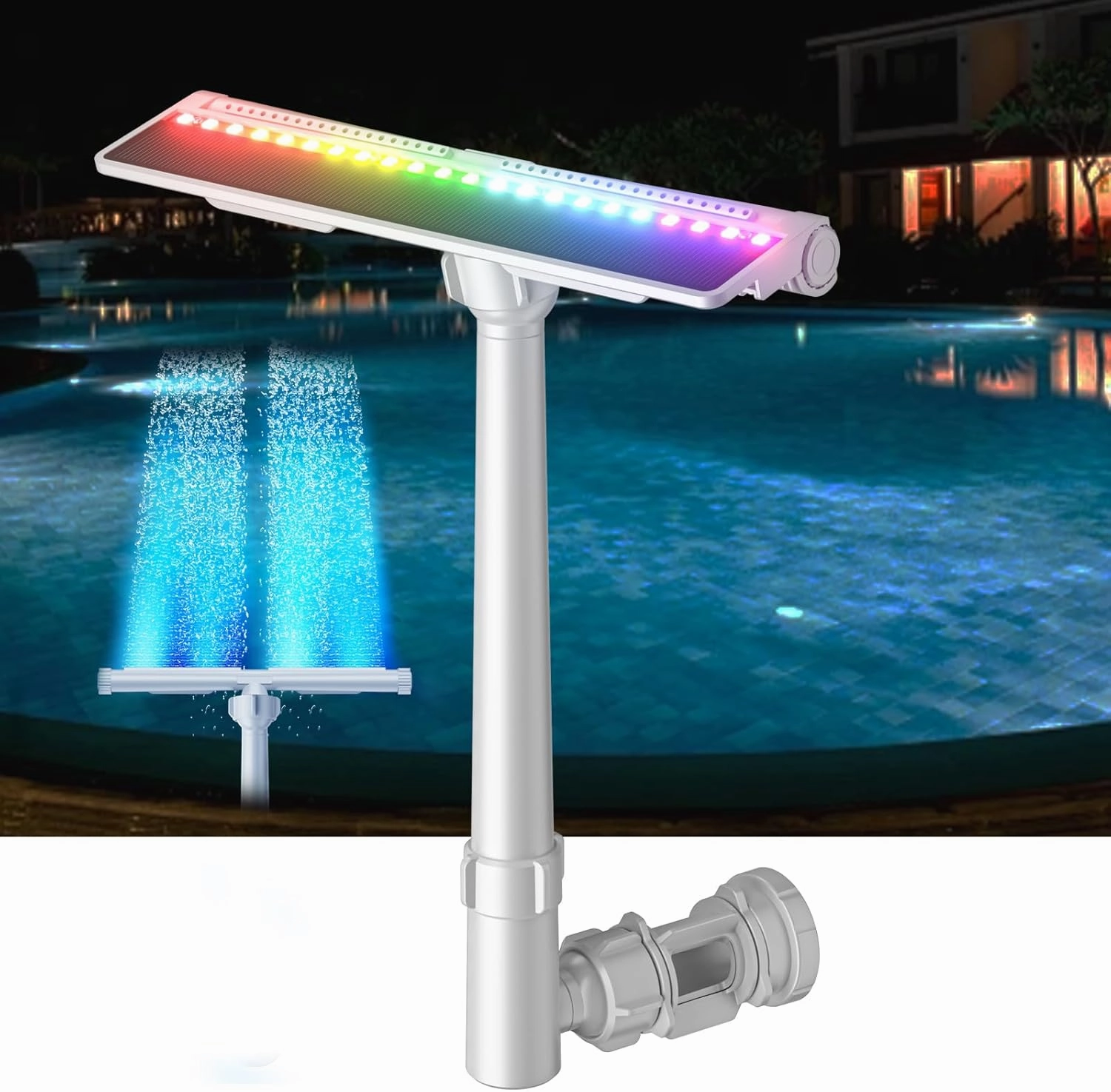 Solar Pool Fountain for Above and In-ground Pools, with 10-Color Lights and Auto Light Sensing Pool Sprinkler Fountain 360° Adjustable Dual Spray High Pressure Pool Waterfall