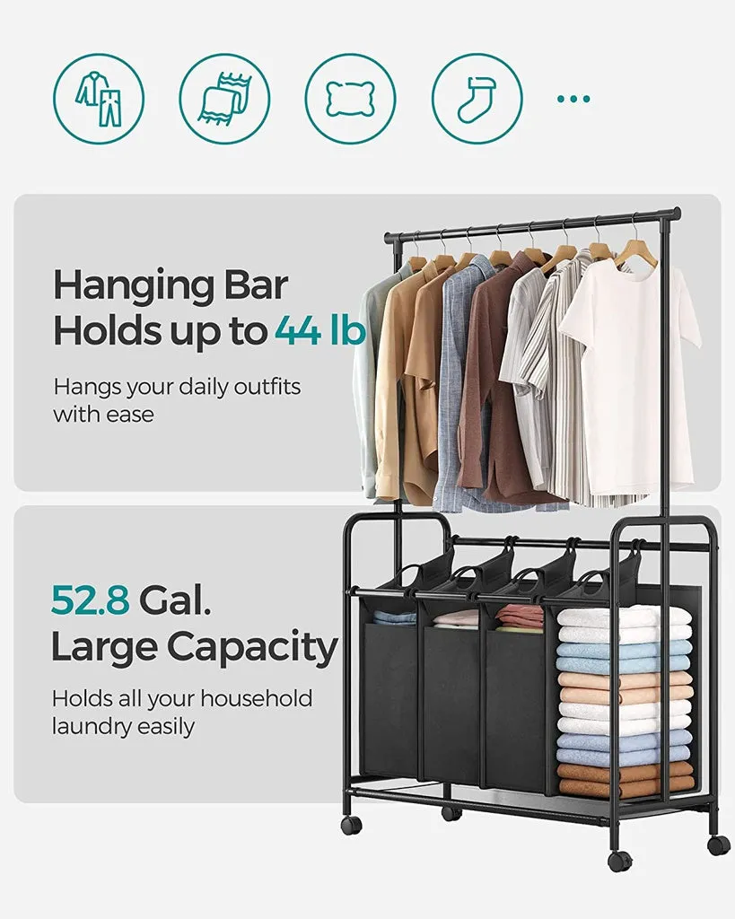 SONGMICS 4-Bag Laundry Sorter Rolling Cart with Hanging Bar Heavy-Duty Wheels Black RLS44B