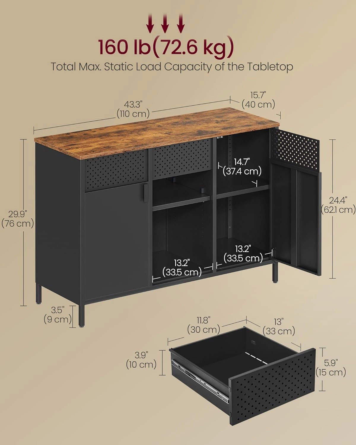 SONGMICS Storage Cabinet, Metal Cabinet, Sideboard with 2 Doors, 15.7 x 43.3 x 29.9 Inches, Magnetic Closure, Adjustable Shelves, Steel Frame, Rustic Brown and Matte Black ULSC204B01