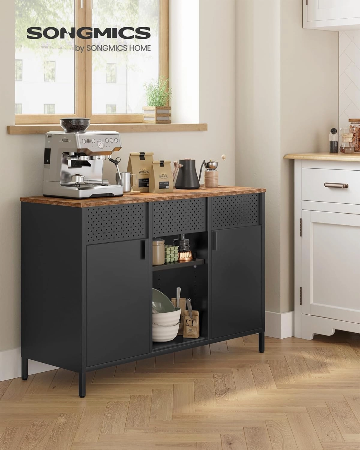 SONGMICS Storage Cabinet, Metal Cabinet, Sideboard with 2 Doors, 15.7 x 43.3 x 29.9 Inches, Magnetic Closure, Adjustable Shelves, Steel Frame, Rustic Brown and Matte Black ULSC204B01