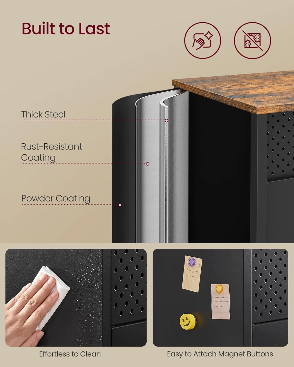 SONGMICS Storage Cabinet, Metal Cabinet, Sideboard with 2 Doors, 15.7 x 43.3 x 29.9 Inches, Magnetic Closure, Adjustable Shelves, Steel Frame, Rustic Brown and Matte Black ULSC204B01