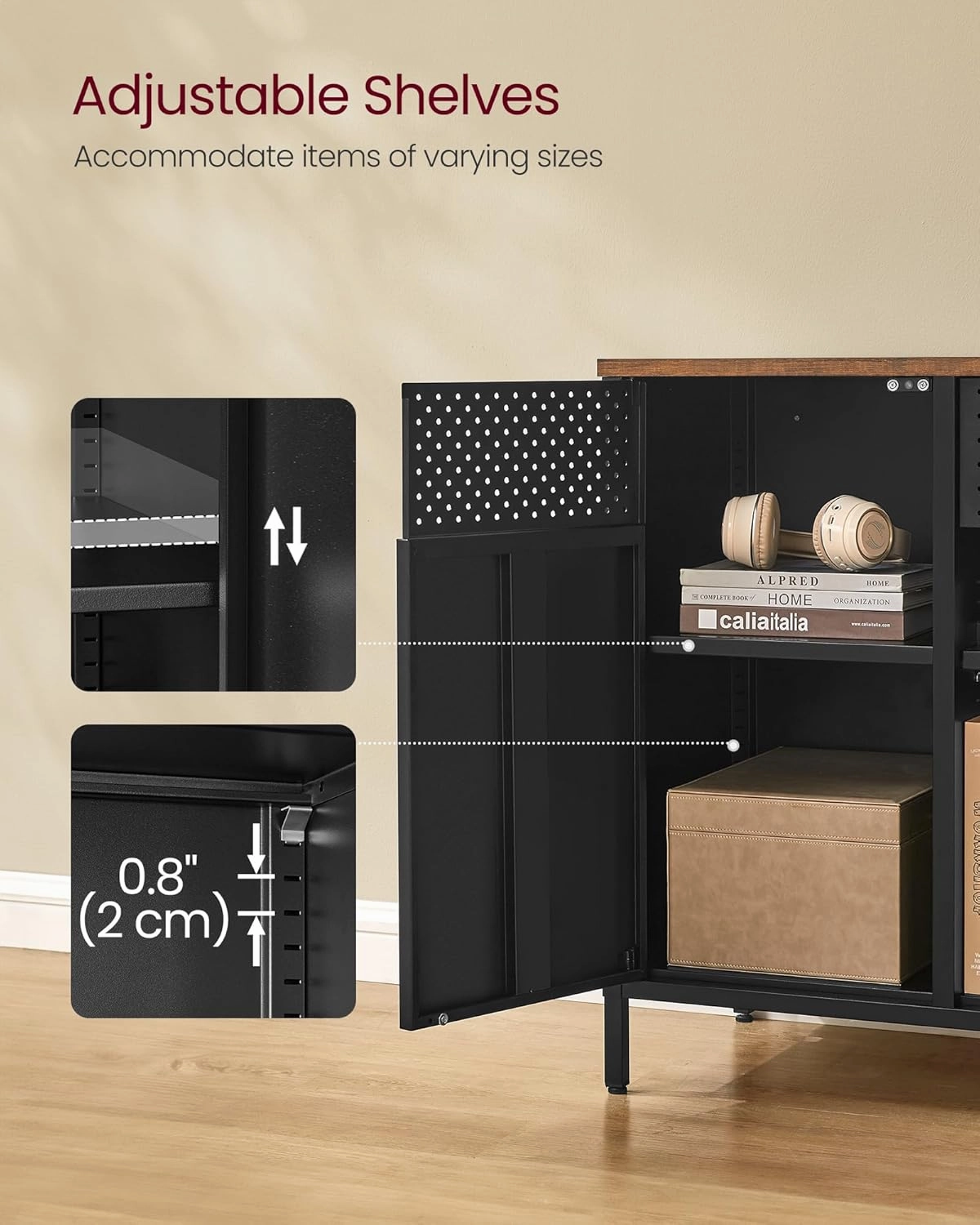 SONGMICS Storage Cabinet, Metal Cabinet, Sideboard with 2 Doors, 15.7 x 43.3 x 29.9 Inches, Magnetic Closure, Adjustable Shelves, Steel Frame, Rustic Brown and Matte Black ULSC204B01